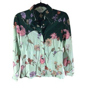 Loubella Extendables Womens Vintage Button Down Shirt Satin Floral Green S?